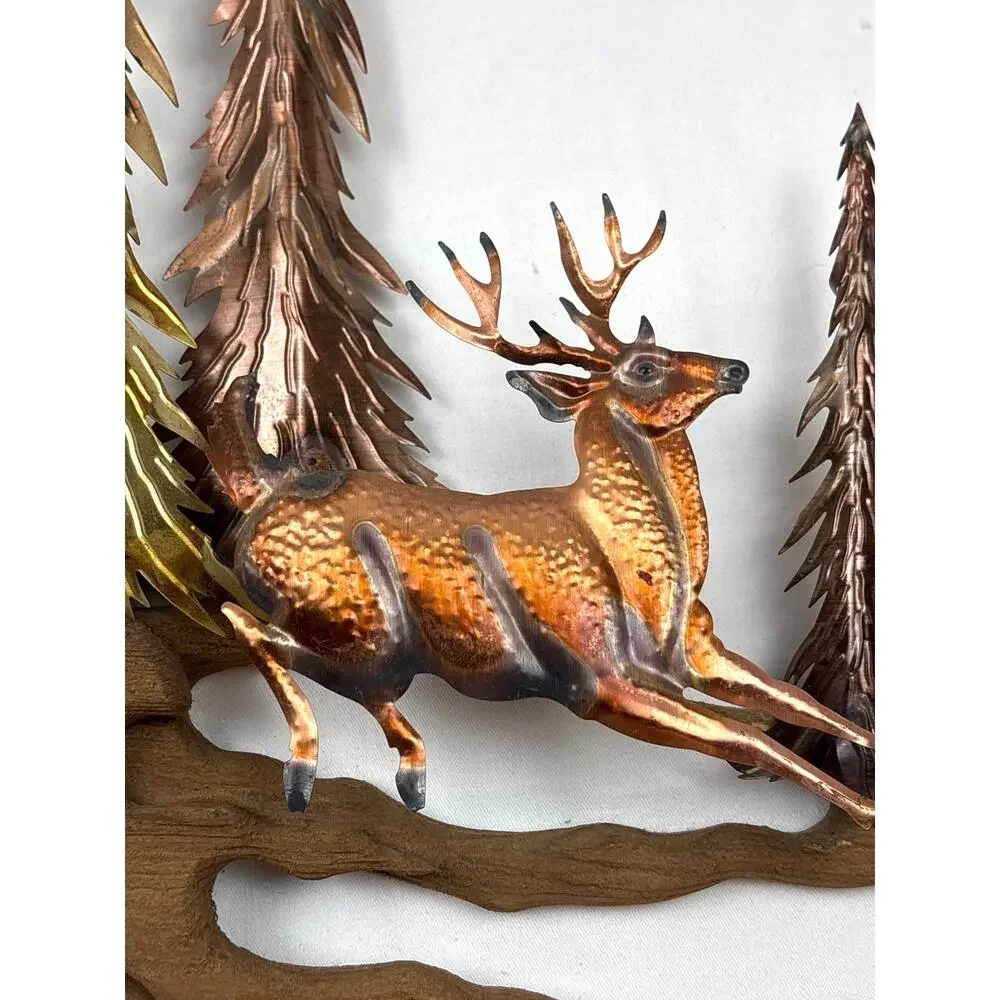 Vintage Copper Tin Metal Wall Art 3D Sculpture Buck Deer in Forest MCM Rustic